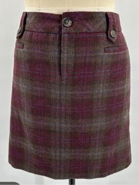 Eddie Bauer Plaid Wool Blend A-Line Skirt in Burgundy and Brown